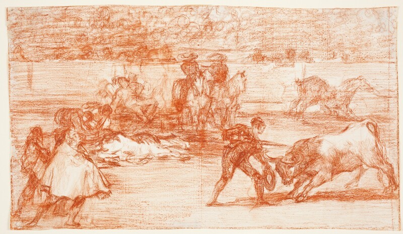 Un diestro entrando a matar con un sombrero en la mano en lugar de una muleta (Tauromaquia I) (dibujo preparatorio)